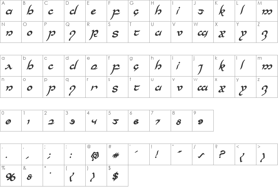 Half-Elven Condensed Italic font character map preview