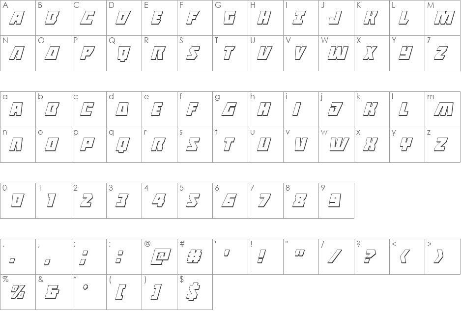 Halfshell Hero 3D Italic font character map preview