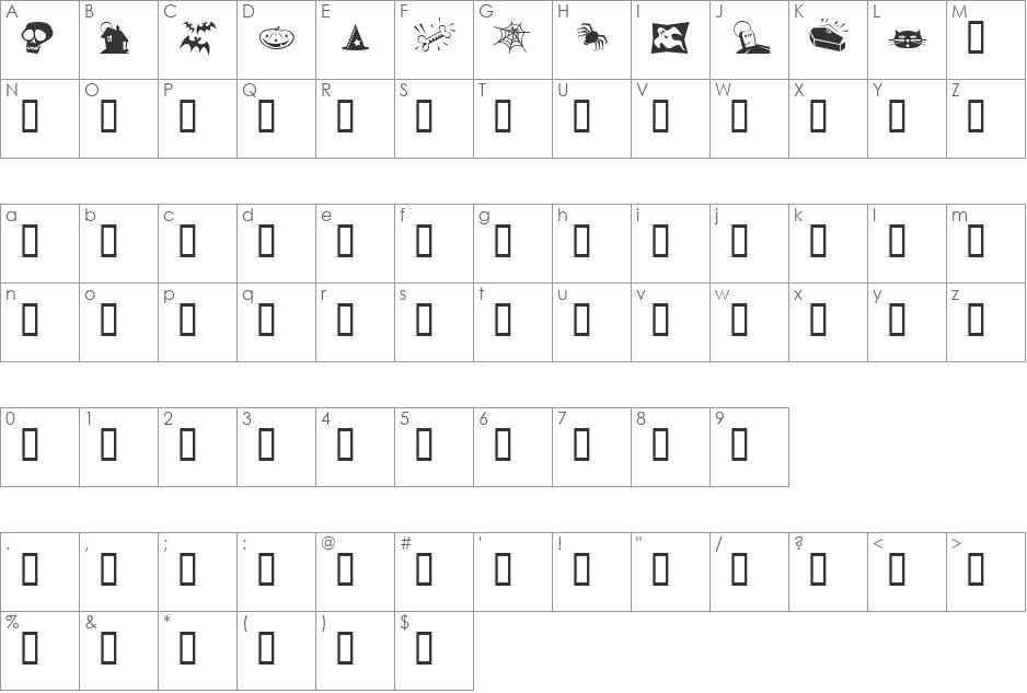 Halloweenies font character map preview