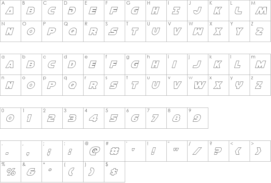 Han Solo Outline Italic font character map preview