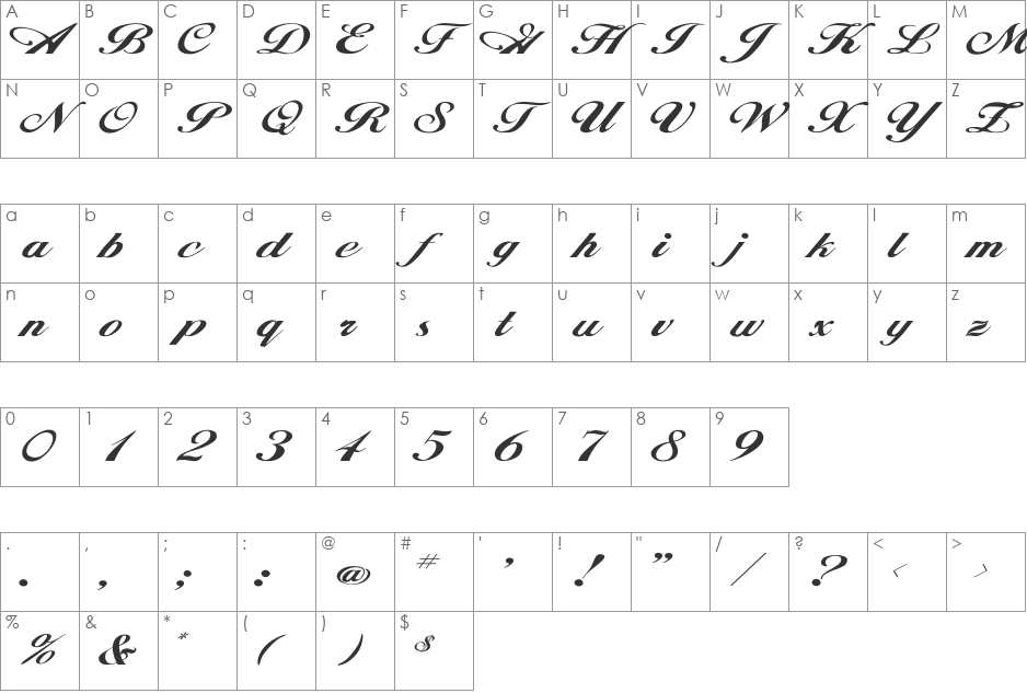 Hancock Wd font character map preview