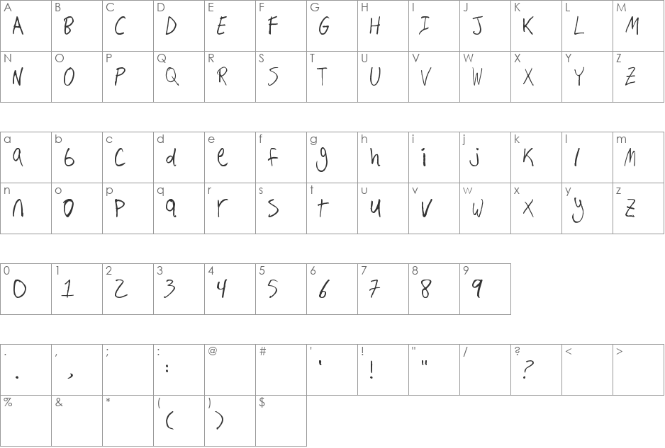 Hand Writing font character map preview