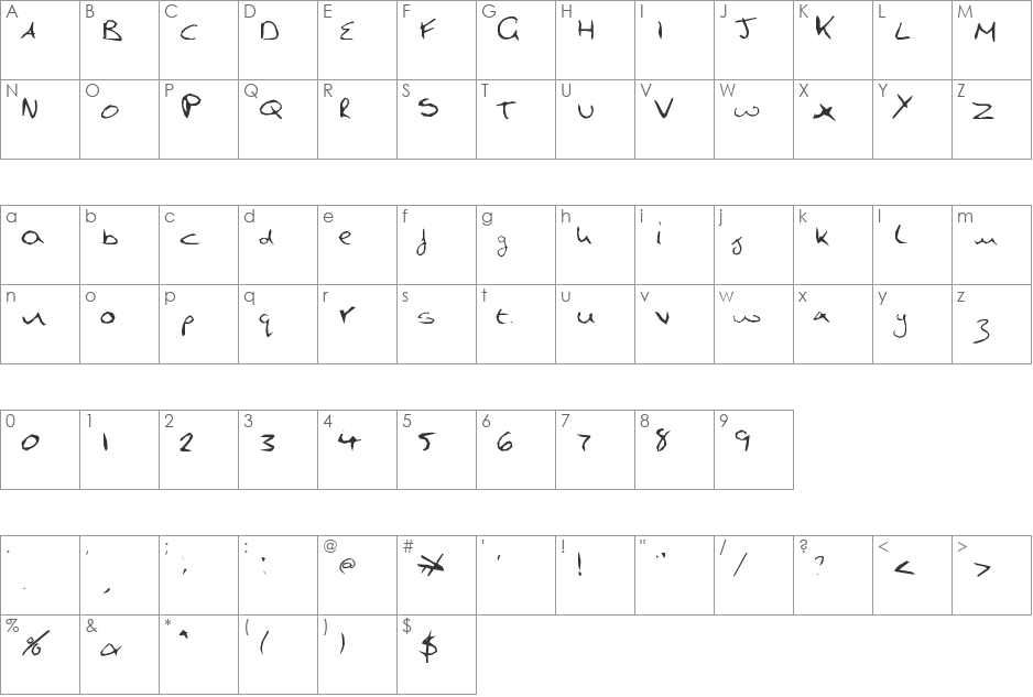 Hand Writing font character map preview