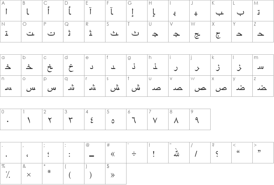 ArabicRiyadhSSK font character map preview