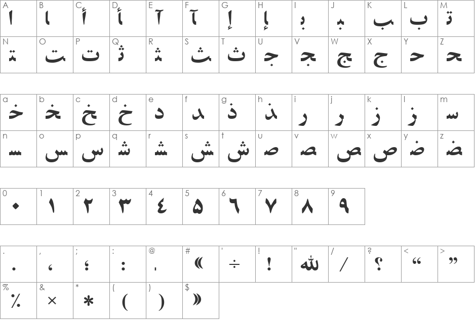 ArabicZibaSSK font character map preview
