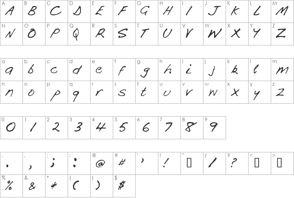 Handi font character map preview