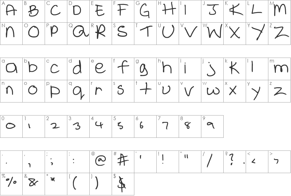 Handwriting of a Dirty Child font character map preview