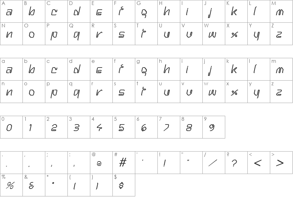 Hanger font character map preview