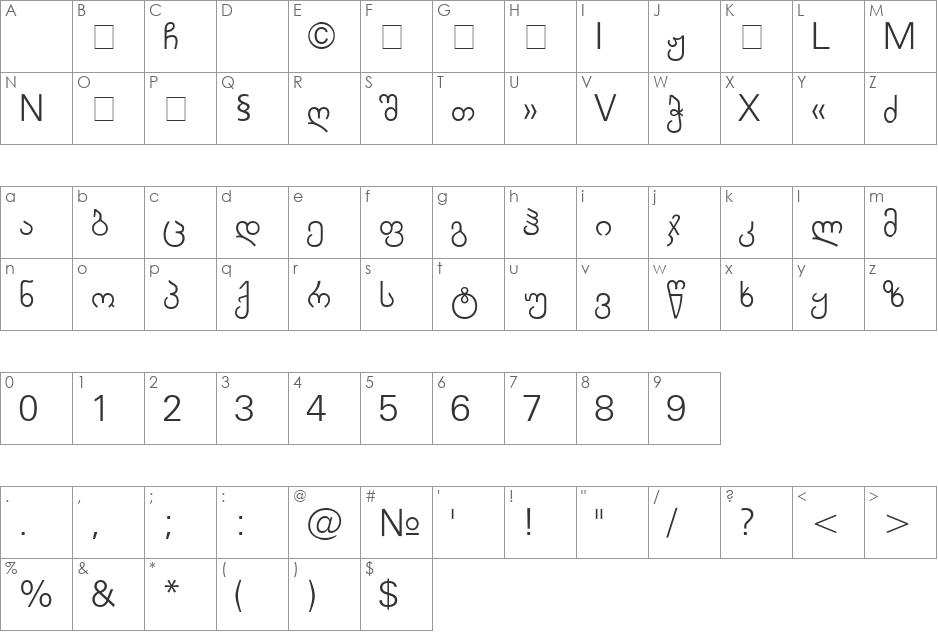 Arachveulebrivi Thin font character map preview