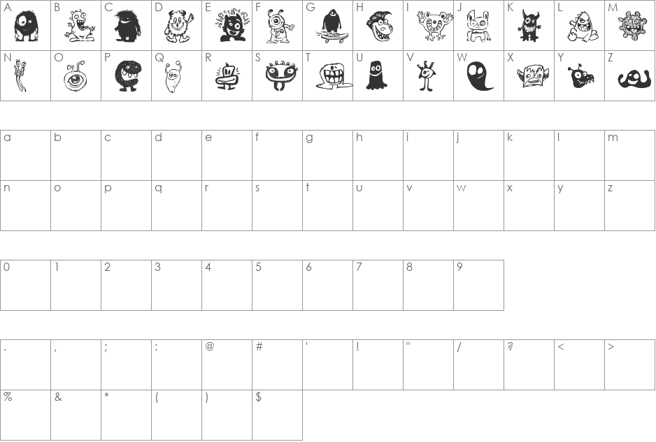 Happy Monsters font character map preview
