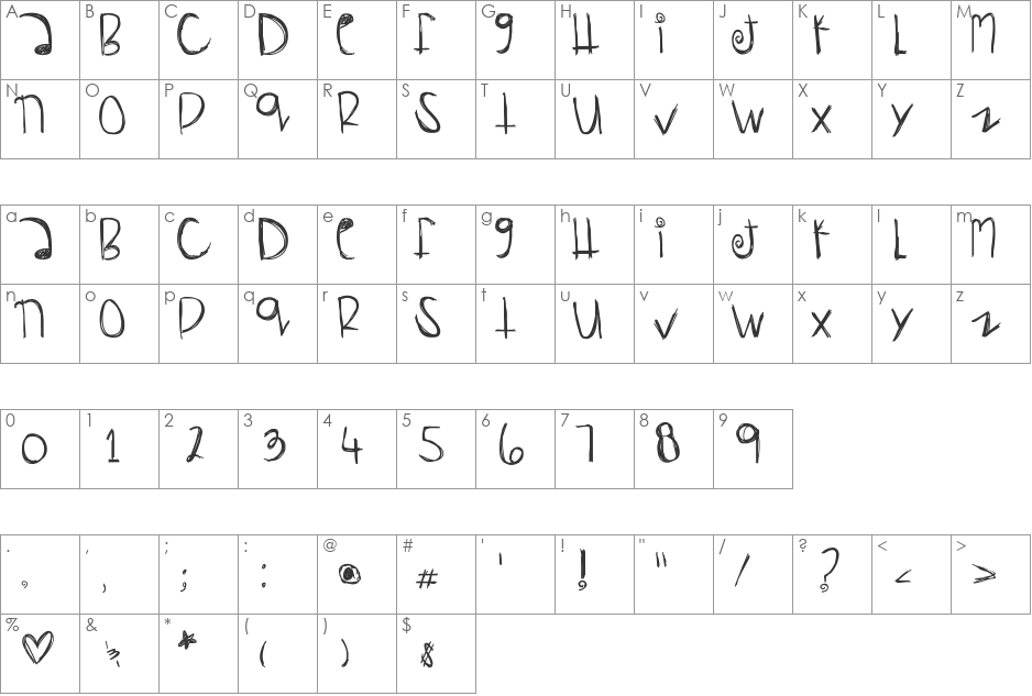 HappyPrada font character map preview