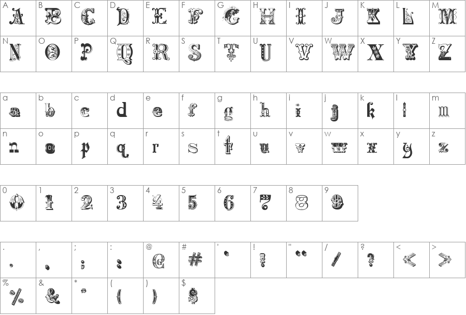 Harlequinade font character map preview