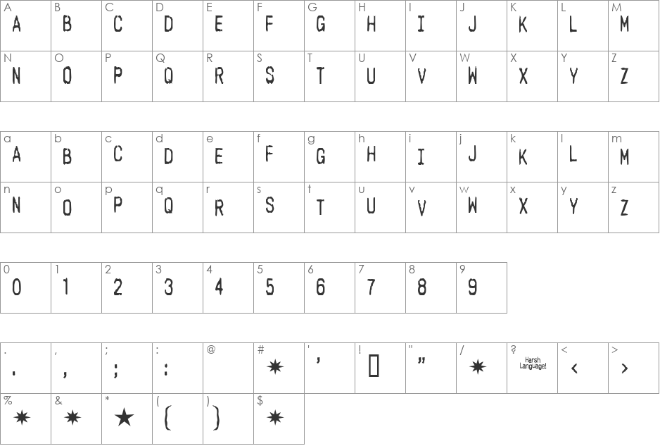 Harsh language AC font character map preview