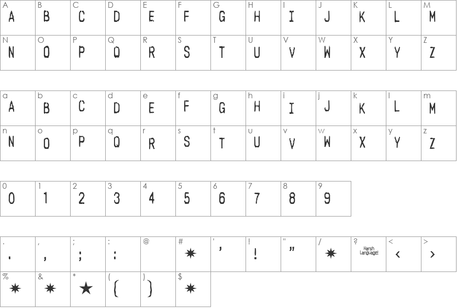 Harsh language AC font character map preview