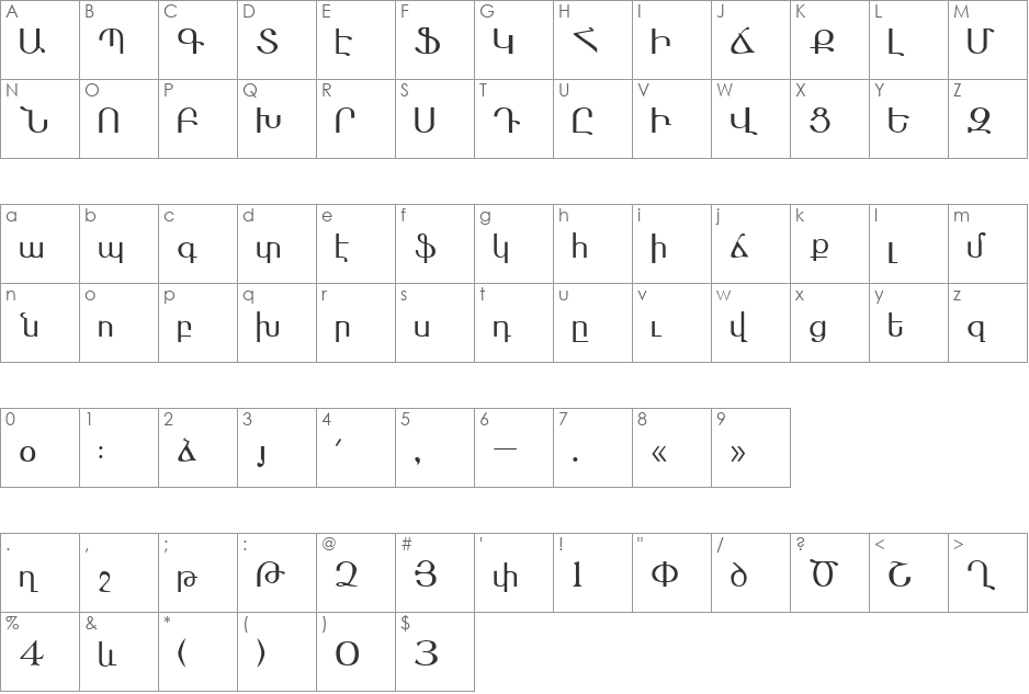 Ararat font character map preview
