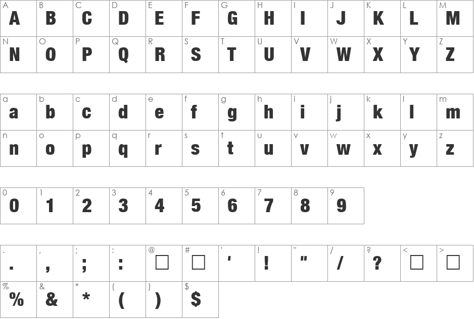 Harvest font character map preview