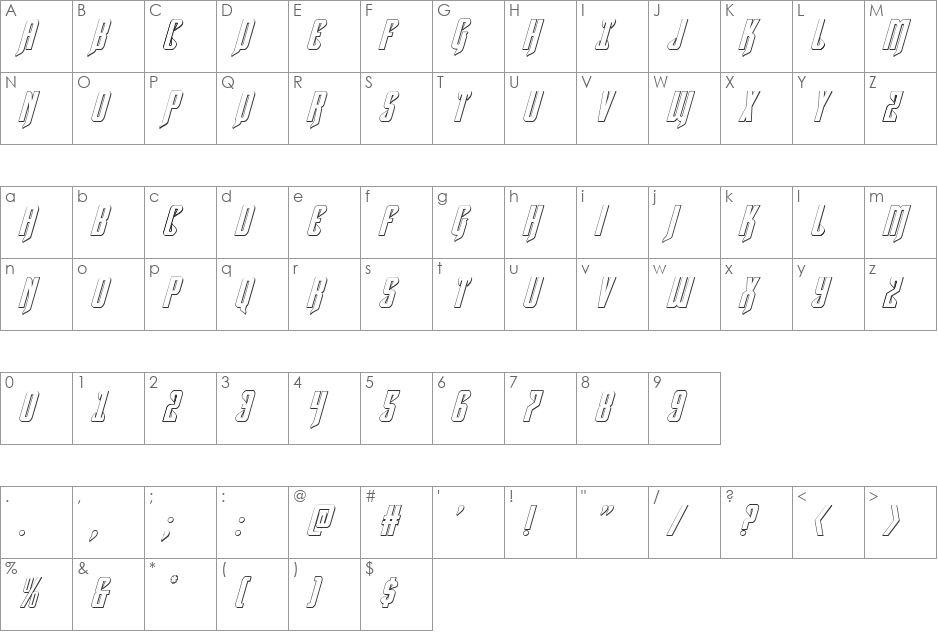Hawkmoon 3D Italic font character map preview