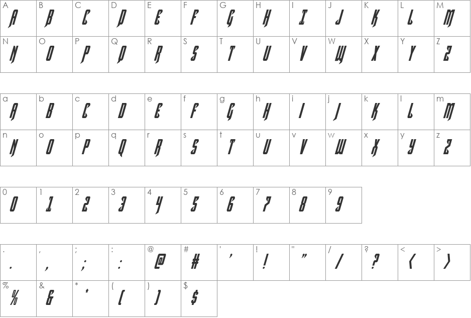 Hawkmoon Condensed Italic font character map preview