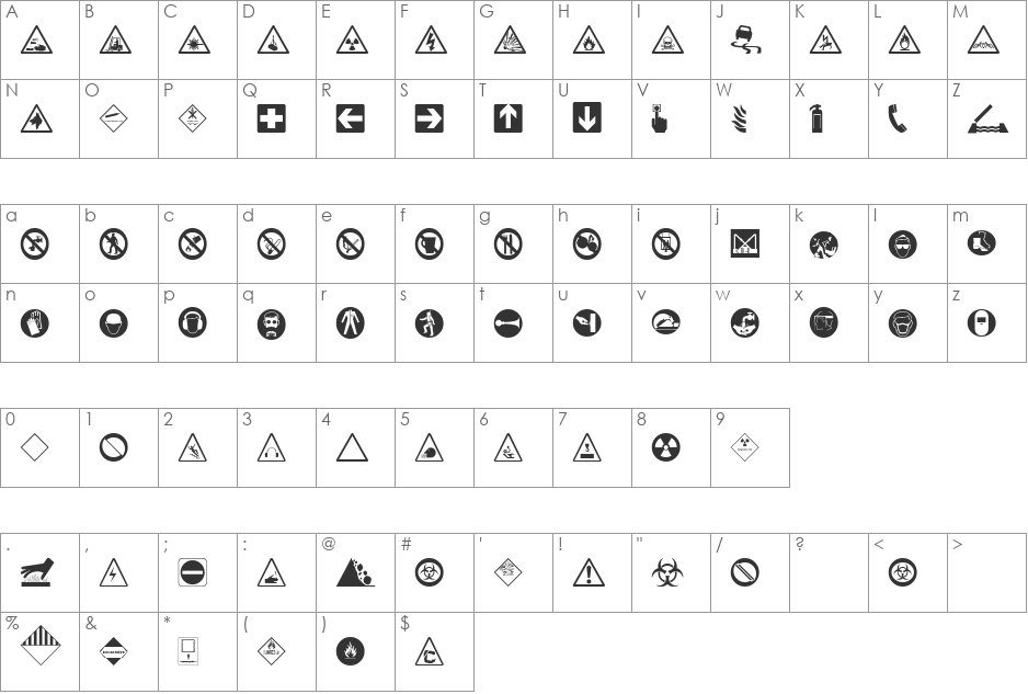 Hazard Signs font character map preview