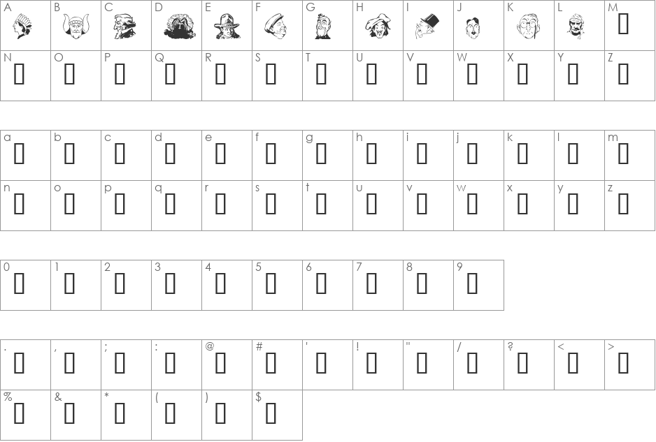 Heads 1 font character map preview