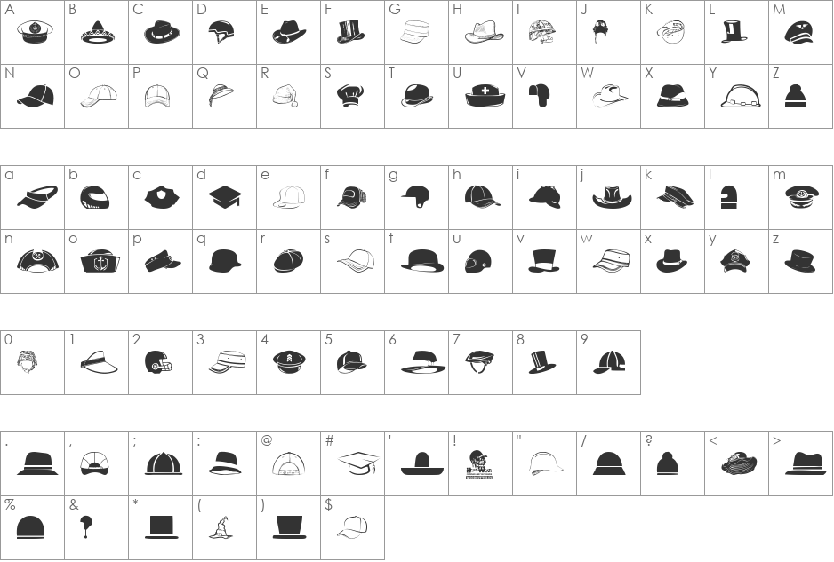 HeadWear font character map preview