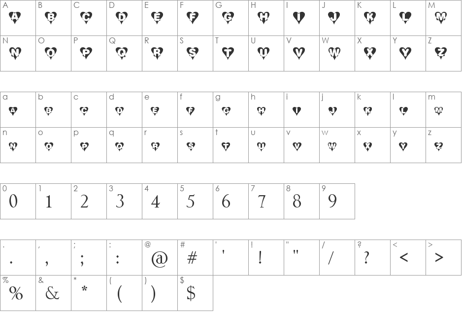 Heart font character map preview