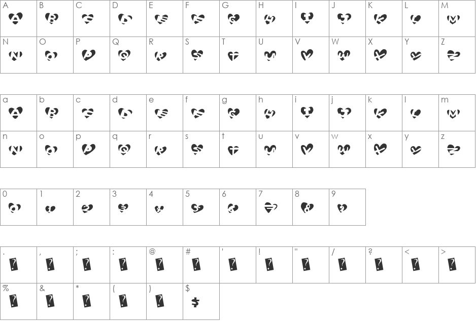 HeartBaller font character map preview