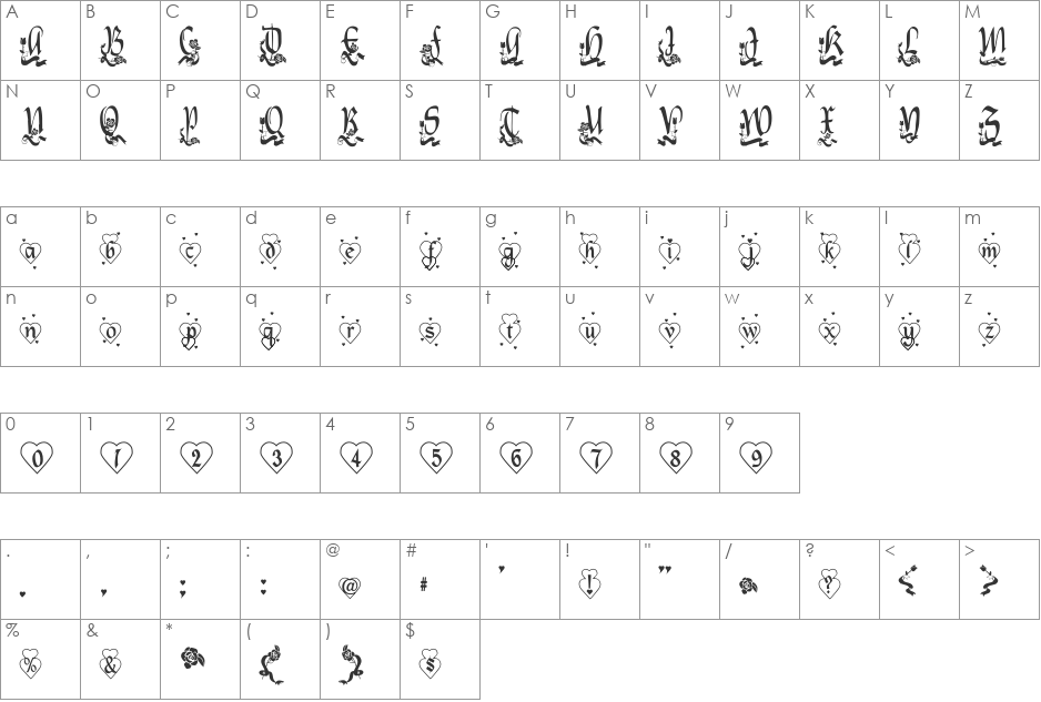 Hearts and Flowers font character map preview