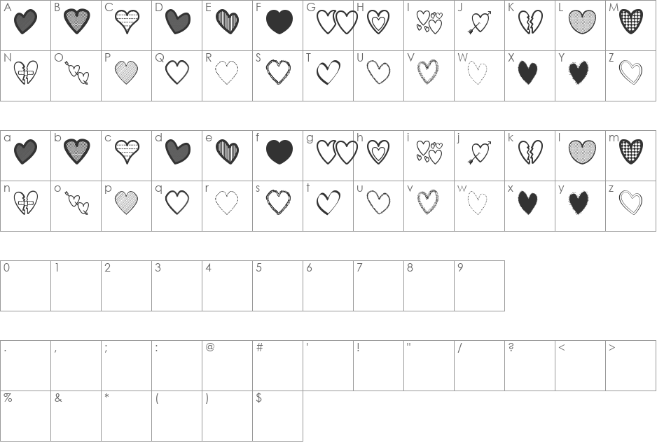 Hearts St font character map preview