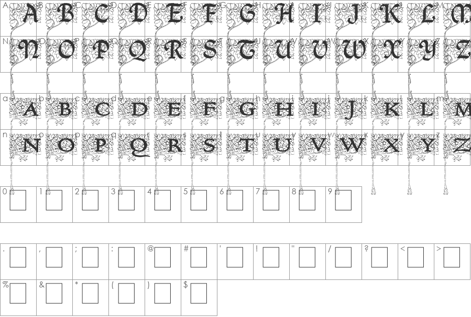 Arborial_Initials font character map preview