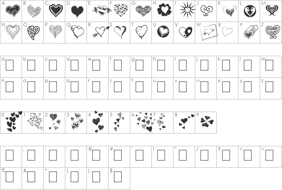 Heartz font character map preview