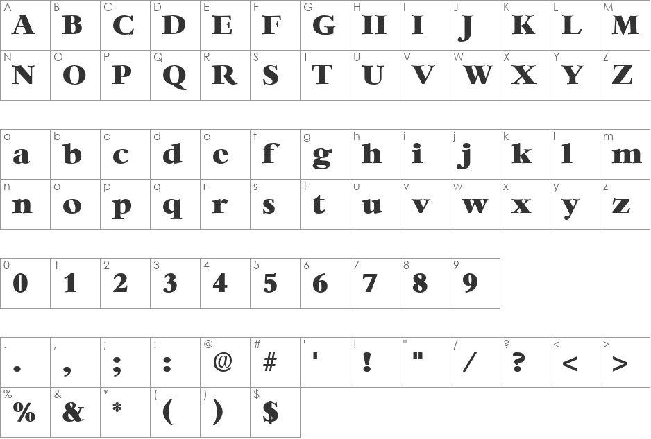 Heather font character map preview