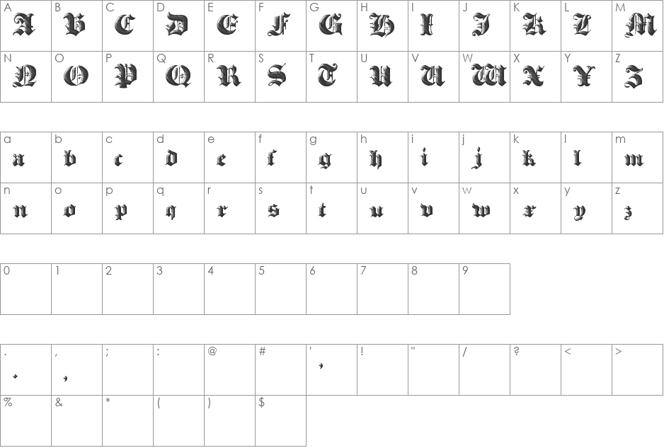 Heavy Gothik font character map preview