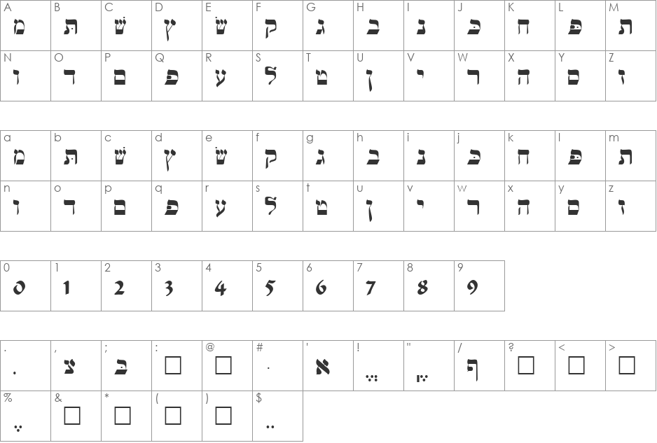 Hebrew-WSI font character map preview