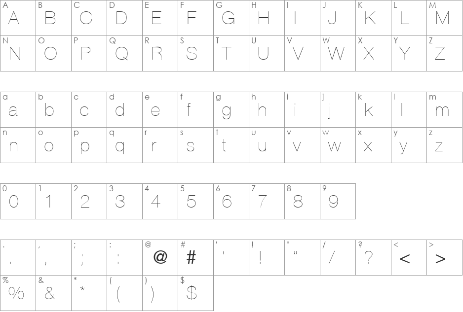 HegelUltraLight font character map preview