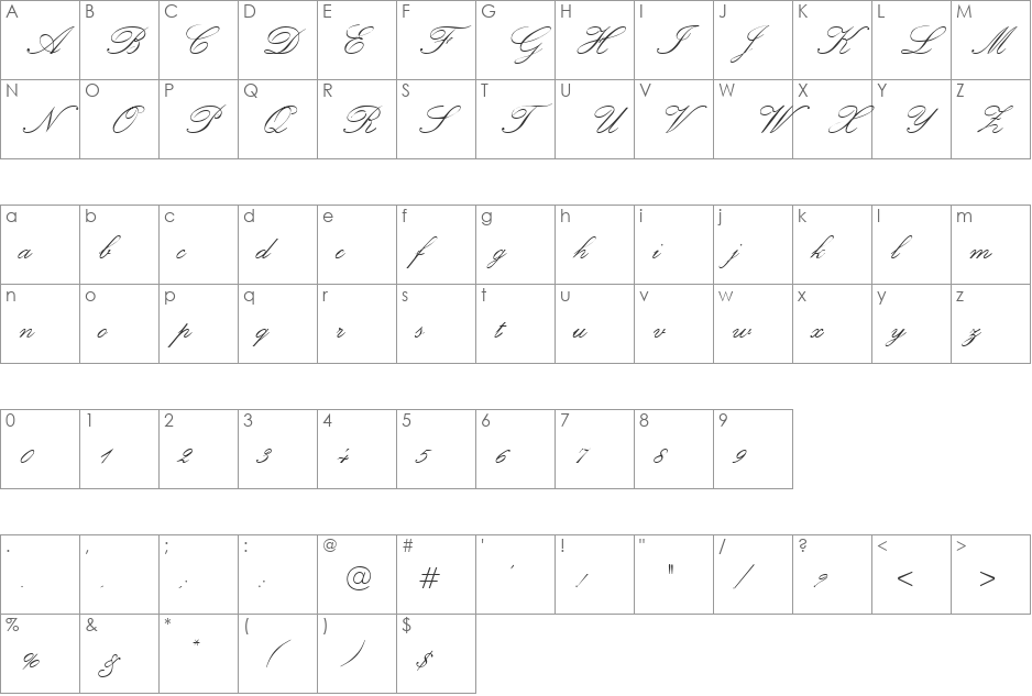HelenaScript font character map preview