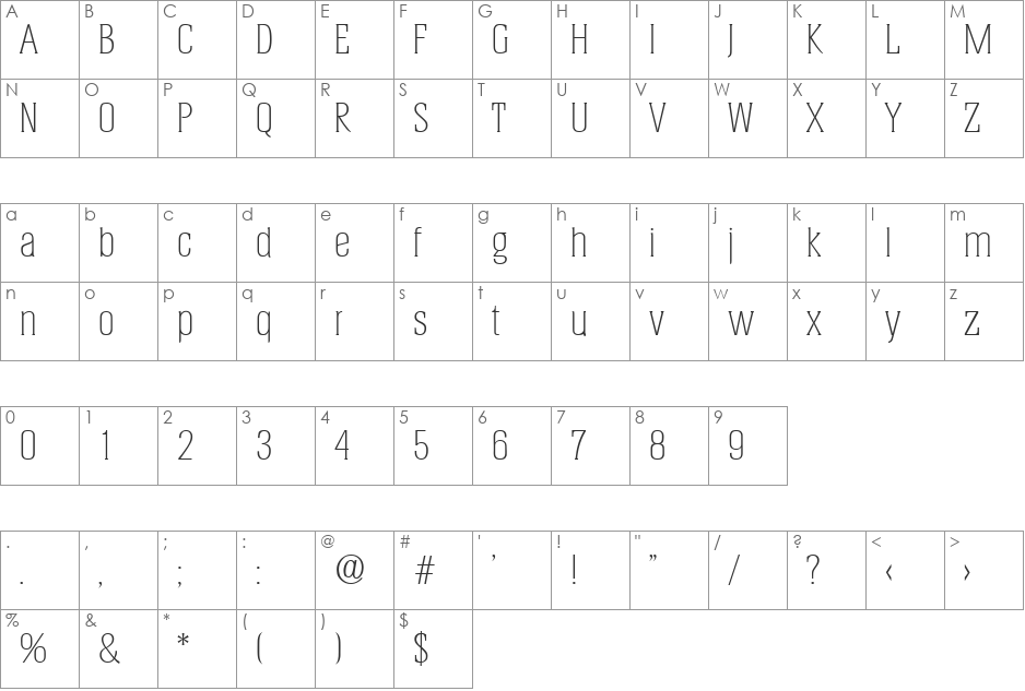 Helium-Xlight font character map preview