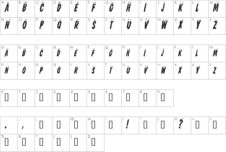 HellfireCondensed font character map preview