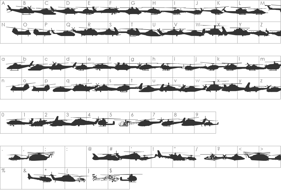 Hello Copters Solid font character map preview