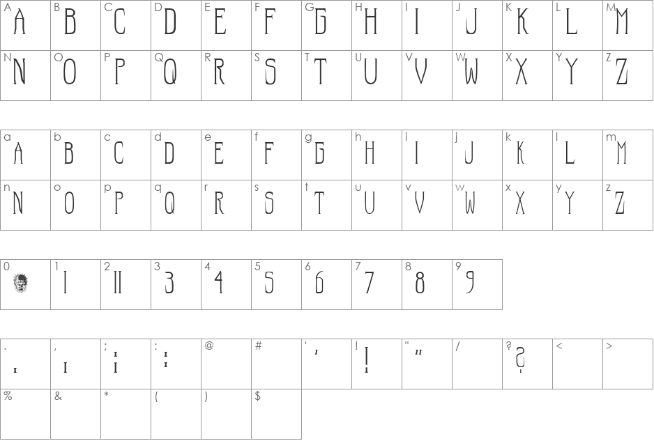 Hellraiser SC font character map preview