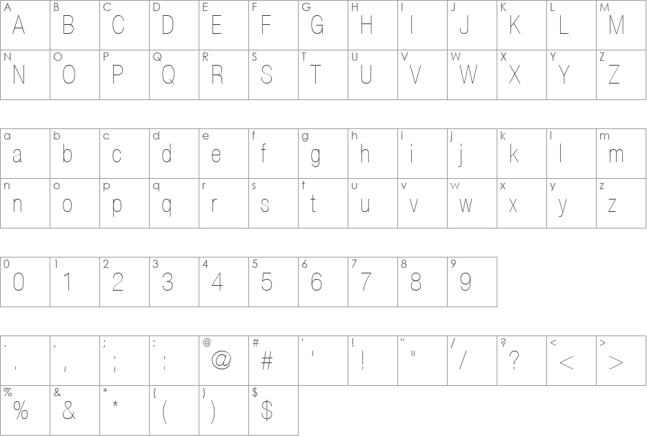 Helvetica27-CondensedUltraLight font character map preview