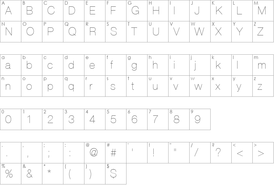 HelvNueUltLight font character map preview