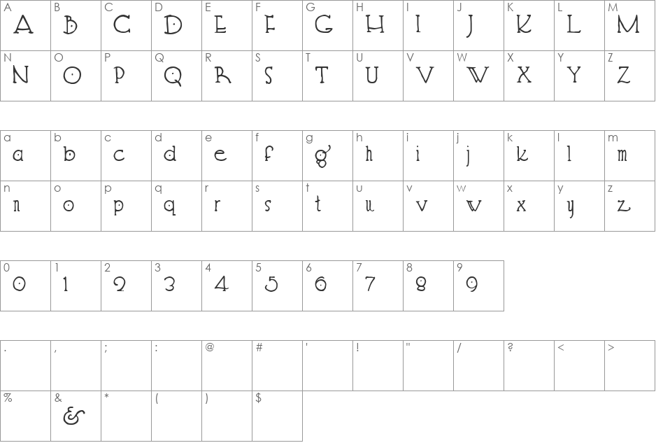 Hendershot font character map preview