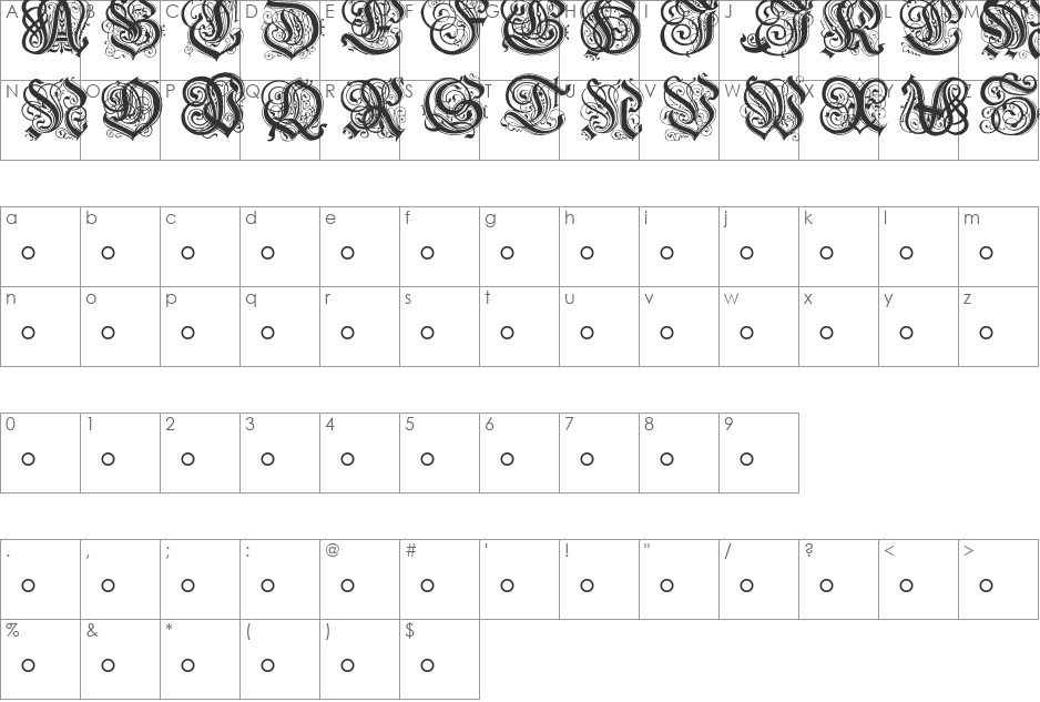 Hentzau_Initials font character map preview