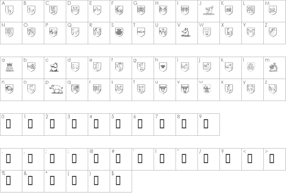 Heraldics font character map preview