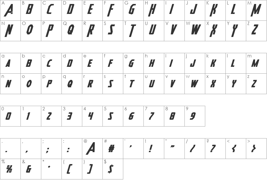 Heroes Assemble Bold Expandtalic font character map preview