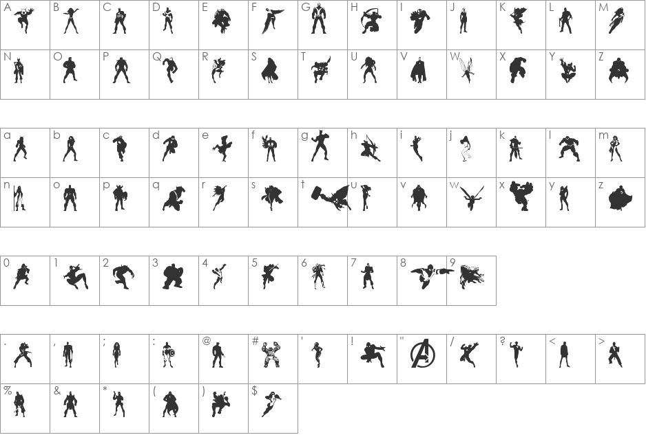Heroes Assemble Dingbats font character map preview