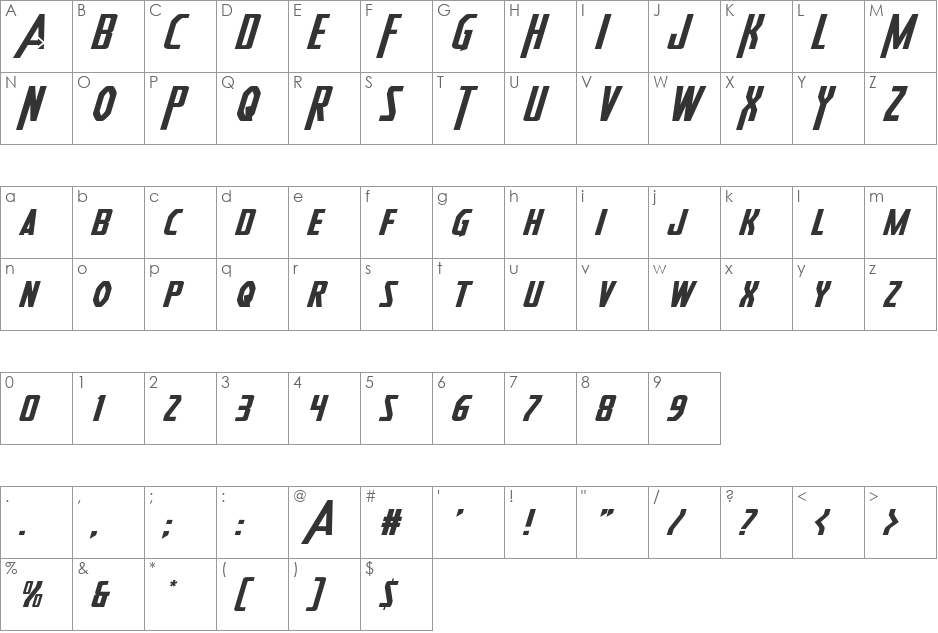 Heroes Assemble Expanded Italic font character map preview