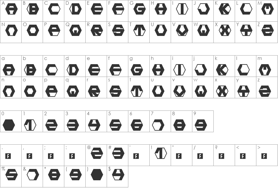 Hexotic LDR font character map preview