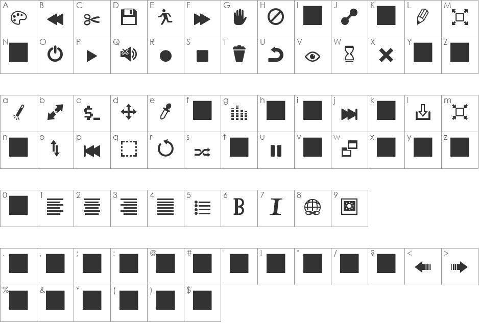 Heydings Controls font character map preview